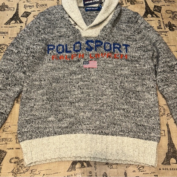 Polo Ralph Lauren NWT! Sport Usa Flag Wool Embroidered Grey Shawl Collar Sweater - Picture 4 of 14